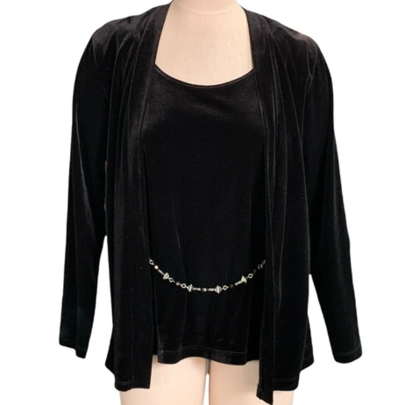 Notations Sz M Black Velvet Shell Top Attached Jacket Beaded Belt #235G - Picture 1 of 9
